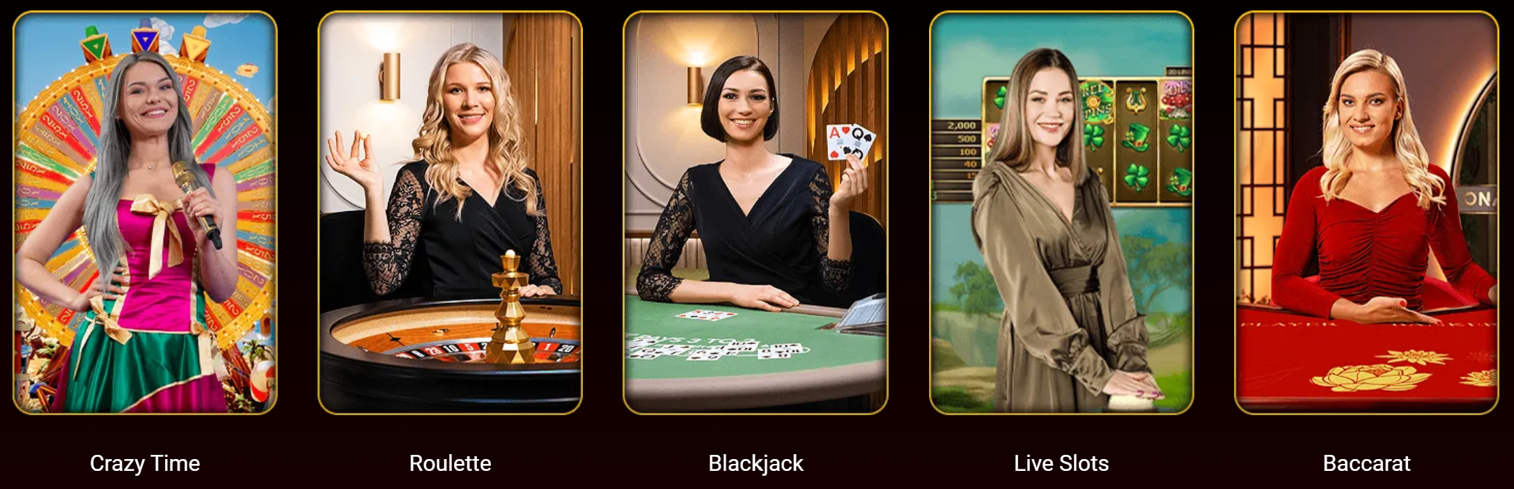 Luxury Casino live casino games including Crazy Time, Roulette, Blackjack, Live Slots, and Baccarat